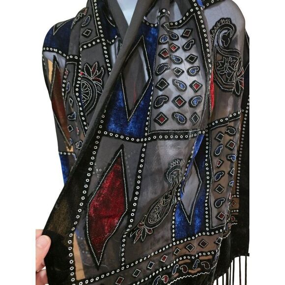 Velvet & Sheer Patchwork Paisley Design Shawl With Fringe - Black Red & Blue - Picture 1 of 8